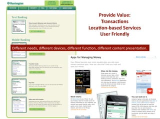 ʰǱ Vܱ: 
                                                   Transac.ons 
                                              Loca.on‐based Services 
                                                   User Friendly  

Diﬀerent needs, diﬀerent devices, diﬀerent funcLon, diﬀerent content presentaLon. 
 