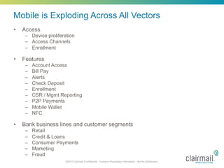 Mobile is Exploding Across All Vectors
•    Access
      –  Device proliferation
      –  Access Channels
      –  Enrollment

•    Features
      –    Account Access
      –    Bill Pay
      –    Alerts
      –    Check Deposit
      –    Enrollment
      –    CSR / Mgmt Reporting
      –    P2P Payments
      –    Mobile Wallet
      –    NFC

•    Bank business lines and customer segments
      –    Retail
      –    Credit & Loans
      –    Consumer Payments
      –    Marketing
      –    Fraud
                        ©2011 Clairmail Confidential. Contains Proprietary Information. Not for Distribution.
 