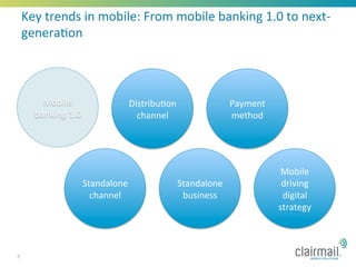 Key	
  trends	
  in	
  mobile:	
  From	
  mobile	
  banking	
  1.0	
  to	
  next-­‐
    genera*on	
  



         Mobile	
                    Distribu*on	
                  Payment	
  
       banking	
  1.0	
                channel	
                    method	
  




                                                                                   Mobile	
  
                        Standalone	
               Standalone	
                    driving	
  
                          channel	
                 business	
                     digital	
  
                                                                                  strategy	
  



7
 
