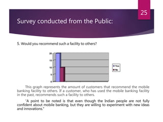 Survey conducted from the Public: 
5. Would you recommend such a facility to others? 
25 
20 
15 
10 
5 
0 
Yes 
No 
This graph represents the amount of customers that recommend the mobile 
banking facility to others. If a customer, who has used the mobile banking facility 
in the past, recommends such a facility to others. 
“A point to be noted is that even though the Indian people are not fully 
confident about mobile banking, but they are willing to experiment with new ideas 
and innovations.” 
 