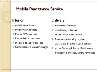 Mobile Remittance Service Infusion e-debit from bank Multi System Identity Mobile SMS instruction Mobile IVR Instructions Mobile e-topup / Flexi load Success/Failure Status Messages Delivery Multimodal Delivery Non-literacy intensive At Doorstep rural delivery Branchless e-banking capable Cash, e-credit & Flexi Load options Instant Service & Status Notifications Interactive Services Delivery Payments 
