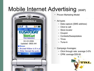 Mobile Internet Advertising  (WAP) Proven Marketing Model Ad types Data capture (SMS address) Click to call Store locator Coupon Contests/Sweepstakes Trivia Tune-in Campaign Averages: Click through rate: average 3-5% CPM: average $35-50 