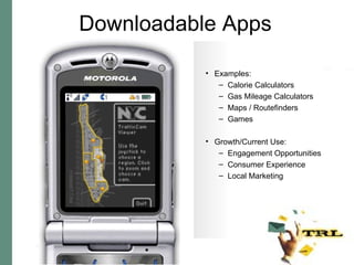 Downloadable Apps Examples: Calorie Calculators Gas Mileage Calculators Maps / Routefinders Games Growth/Current Use:  Engagement Opportunities Consumer Experience Local Marketing 