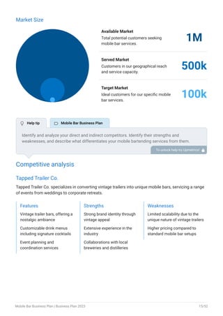 Market Size
Available Market
Total potential customers seeking
mobile bar services.
1M
Served Market
Customers in our geographical reach
and service capacity.
500k
Target Market
Ideal customers for our specific mobile
bar services.
100k
Competitive analysis
Tapped Trailer Co.
Tapped Trailer Co. specializes in converting vintage trailers into unique mobile bars, servicing a range
of events from weddings to corporate retreats.
Features
Vintage trailer bars, offering a
nostalgic ambiance
Customizable drink menus
including signature cocktails
Event planning and
coordination services
Strengths
Strong brand identity through
vintage appeal
Extensive experience in the
industry
Collaborations with local
breweries and distilleries
Weaknesses
Limited scalability due to the
unique nature of vintage trailers
Higher pricing compared to
standard mobile bar setups
Identify and analyze your direct and indirect competitors. Identify their strengths and
weaknesses, and describe what differentiates your mobile bartending services from them.
Point out how you have a competitive edge in the market.
To unlock help try Upmetrics! 
 Help tip  Mobile Bar Business Plan
Mobile Bar Business Plan | Business Plan 2023 15/52
 
