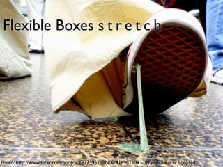 Flexible Boxes s t r e t c h




Photo: http://www.ﬂickr.com/photos/18773952@N00/416987309 – by mahalie – cc licensed
 