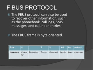F BUS PROTOCOL
 The FBUS protocol can also be used
to recover other information, such
as the phonebook, call logs, SMS
messages, and calendar entries.
 The FBUS frame is byte oriented.
 