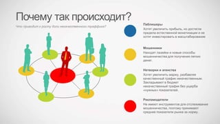 Почему так происходит?
Что приводит к росту доли некачественного траффика?
Паблишеры
Хотят увеличить прибыль, но достигли
предела естественной монетизации и не
хотят инвестировать в масштабирование
Мошенники
Находят лазейки и новые способы
мошенничества для получения легких
денег.
Рекламодатели
Не имеют инструментов для отслеживания
мошенничества, поэтому принимают
средние показатели рынка за норму.
Нетворки и агенства
Хотят увеличить маржу, разбавляя
качественный трафик некачественным.
Закладывают в бюджет
некачественный трафик без ущерба
«нужных» показателей.
 