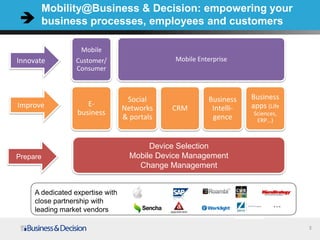 Mobility@Business & Decision: empowering your
       business processes, employees and customers

                   Mobile
Innovate          Customer/                    Mobile Enterprise
                  Consumer



                                   Social                Business    Business
Improve              E-                                              apps (Life
                                  Networks    CRM         Intelli-
                  business                                           Sciences,
                                  & portals               gence       ERP…)



                                         Device Selection
Prepare                             Mobile Device Management
                                      Change Management


     A dedicated expertise with
     close partnership with
                                                                            …
     leading market vendors

                                                                                  3
 
