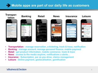 Mobile apps are part of our daily life as customers

Transpor-
                 Banking         Retail         News         Insurance       Leisure
  tation




•   Transportation : manage reservation, e-ticketing, track & trace, notification
•   Banking : manage account, manage personal finance, mobile payment
•   Retail : get product information, mobile commerce, track & trace
•   News : access to the media anytime, notifications a alerts…
•   Insurance : Subscription, par as you drive, claims management
•   Leisure : Online payment, geolocalisation, gamification



                                                                                       6
 
