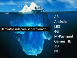 2009

                2010
         2011
  2012
                                 AR
                                 Android
                                 LBS
Hámuitoaindapara ser explorado
                                 4G
                                 M-Payment
                                 Games HD
                                 3D
                                 NFC
 