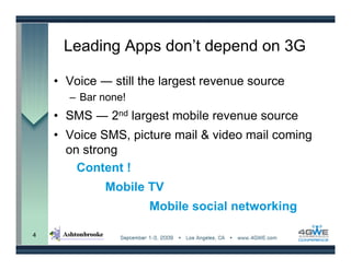 Leading Apps don’t depend on 3G

    • Voice ― still the largest revenue source
      – Bar none!
    • SMS ― 2nd largest mobile revenue source
    • Voice SMS, picture mail & video mail coming
      on strong
        Content !
             Mobile TV
                     Mobile social networking

4
 