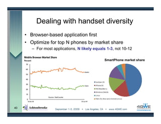 Dealing with handset diversity
     • Browser-based application first
     • Optimize for top N phones by market share
        – For most applications, N likely equals 1-3, not 10-12

                                               SmartPhone market share




                 Source: StatCounter




40
 