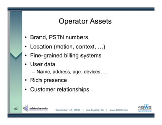 Operator Assets

     • Brand, PSTN numbers
     • Location (motion, context, …)
     • Fine-grained billing systems
     • User data
       – Name, address, age, devices, …
     • Rich presence
     • Customer relationships


53
 