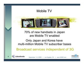 Mobile TV




         70% of new handsets in Japan
            are Mobile TV enabled
           Only Japan and Korea have
     multi-million Mobile TV subscriber bases
    Broadcast services independent of 3G
9
 