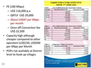 64
• FE (100 Mbps)
– US$ 116,000 p.a
– QRTLY US$ 29,000
– About US$97 per Mbps
per month
– Once off Connection fee
US$ 22,500
• Capacity high although
cheaper compared to other
operators (US$150, US$500
per Mbps per Month
• POPs not available at District
level to hook up villages
 