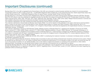 Important Disclosures (continued)
Barclays Bank PLC in the UAE is regulated by the Central Bank of the UAE and is licensed to conduct business activities as a branch of a commercial bank
incorporated outside the UAE in Dubai (Licence No.: 13/1844/2008, Registered Office: Building No. 6, Burj Dubai Business Hub, Sheikh Zayed Road, Dubai City)
and Abu Dhabi (Licence No.: 13/952/2008, Registered Office: Al Jazira Towers, Hamdan Street, PO Box 2734, Abu Dhabi).
Barclays Bank PLC in the Qatar Financial Centre (Registered No. 00018) is authorised by the Qatar Financial Centre Regulatory Authority (QFCRA). Barclays
Bank PLC-QFC Branch may only undertake the regulated activities that fall within the scope of its existing QFCRA licence. Principal place of business in Qatar:
Qatar Financial Centre, Office 1002, 10th Floor, QFC Tower, Diplomatic Area, West Bay, PO Box 15891, Doha, Qatar. Related financial products or services are
only available to Business Customers as defined by the Qatar Financial Centre Regulatory Authority.
This material is distributed in the UAE (including the Dubai International Financial Centre) and Qatar by Barclays Bank PLC.
This material is distributed in Saudi Arabia by Barclays Saudi Arabia ('BSA'). It is not the intention of the publication to be used or deemed as recommendation,
option or advice for any action (s) that may take place in future. Barclays Saudi Arabia is a Closed Joint Stock Company, (CMA License No. 09141-37).
Registered office Al Faisaliah Tower, Level 18, Riyadh 11311, Kingdom of Saudi Arabia. Authorised and regulated by the Capital Market Authority, Commercial
Registration Number: 1010283024.
This material is distributed in Russia by OOO Barclays Capital, affiliated company of Barclays Bank PLC, registered and regulated in Russia by the FSFM.
Broker License #177-11850-100000; Dealer License #177-11855-010000. Registered address in Russia: 125047 Moscow, 1st Tverskaya-Yamskaya str. 21.
This material is distributed in Singapore by the Singapore branch of Barclays Bank PLC, a bank licensed in Singapore by the Monetary Authority of Singapore.
For matters in connection with this report, recipients in Singapore may contact the Singapore branch of Barclays Bank PLC, whose registered address is One
Raffles Quay Level 28, South Tower, Singapore 048583.
Barclays Bank PLC, Australia Branch (ARBN 062 449 585, AFSL 246617) is distributing this material in Australia. It is directed at 'wholesale clients' as defined
by Australian Corporations Act 2001.
IRS Circular 230 Prepared Materials Disclaimer: Barclays does not provide tax advice and nothing contained herein should be construed to be tax advice. Please
be advised that any discussion of U.S. tax matters contained herein (including any attachments) (i) is not intended or written to be used, and cannot be used, by
you for the purpose of avoiding U.S. tax-related penalties; and (ii) was written to support the promotion or marketing of the transactions or other matters
addressed herein. Accordingly, you should seek advice based on your particular circumstances from an independent tax advisor.
? Copyright Barclays Bank PLC (2012). All rights reserved. No part of this publication may be reproduced in any manner without the prior written permission of
Barclays. Barclays Bank PLC is registered in England No. 1026167. Registered office 1 Churchill Place, London, E14 5HP. Additional information regarding this
publication will be furnished upon request




                                                                              12                                                               October 2012
 