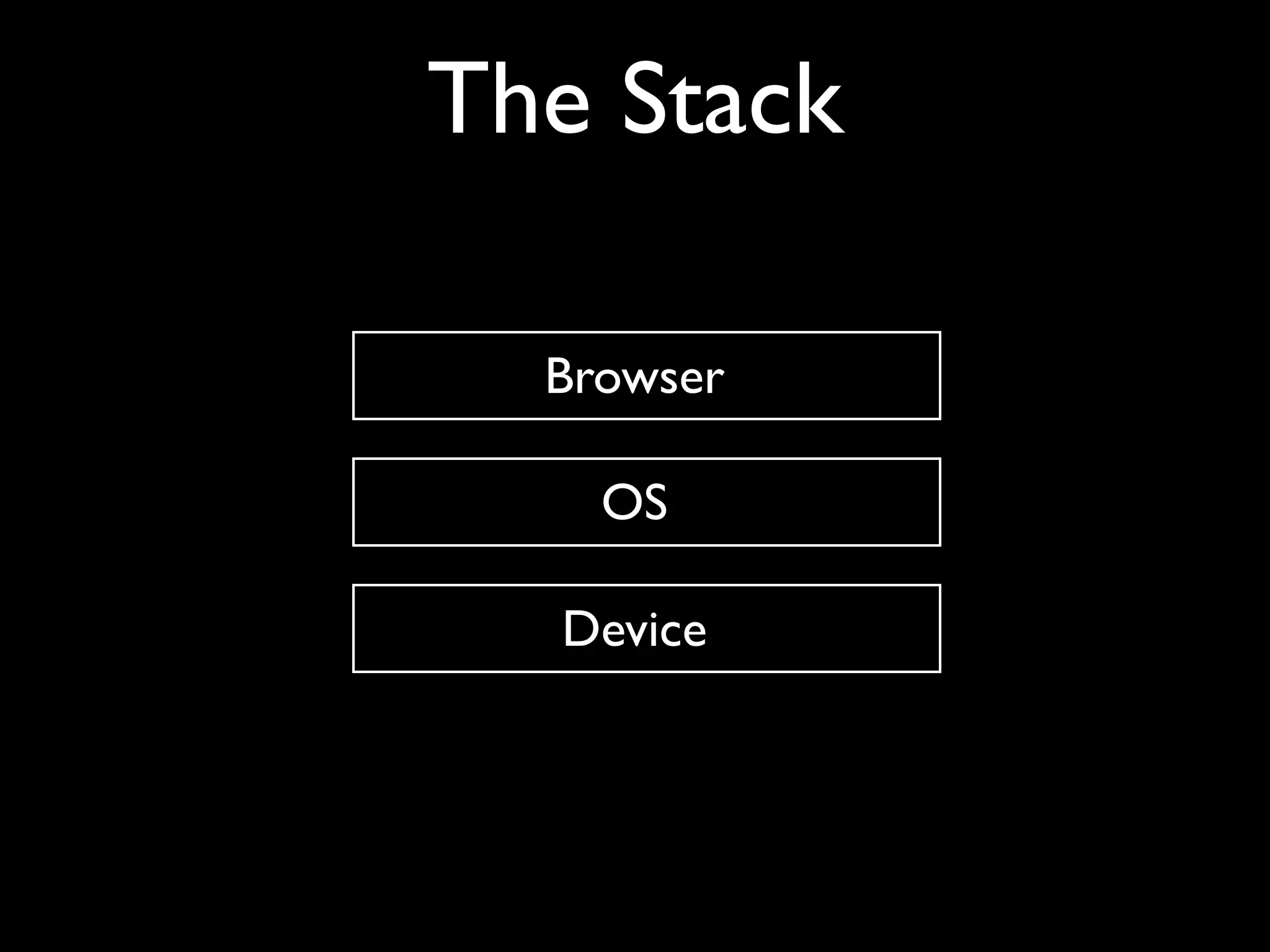 The Stack

  Browser

    OS

  Device
 