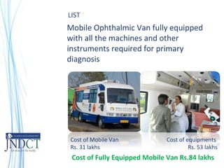 Mobile Ophthalmic Van fully equipped
with all the machines and other
instruments required for primary
diagnosis
Cost of Mobile Van
Rs. 31 lakhs
Cost of equipments
Rs. 53 lakhs
LIST
Cost of Fully Equipped Mobile Van Rs.84 lakhs
 