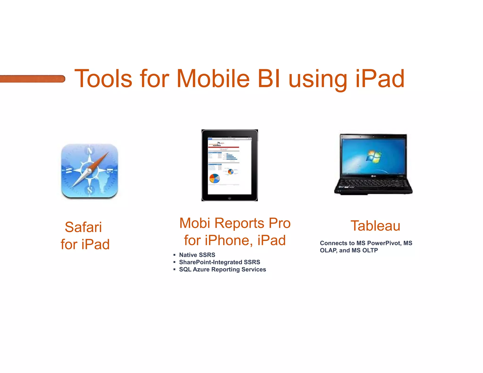 Design in Mobile BI
   Easy touch screen actions            Report Item Actions
         Highlighting                   PerformancePoint Filters
         Filtering                      Scorecard Data Connections
         Drill-Down/Drill-Through
   Share your Findings
         Email
         Export
         Screenshot
   Connecting on the go
         SQL Azure Reporting Services
         VPN
         Windows Authentication
 