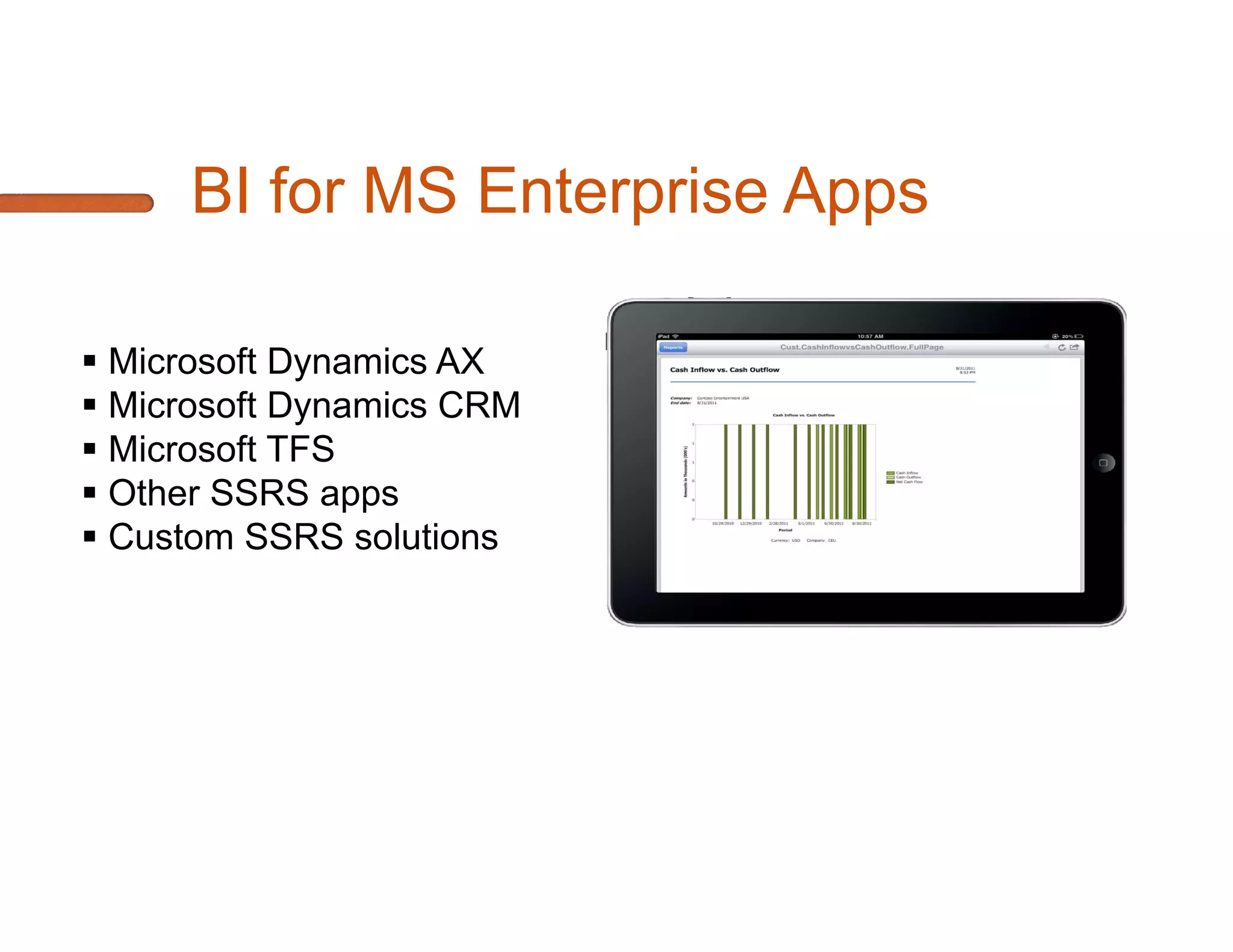 Mobi Reports Pro & Mobi SSRS
   SQL Reporting Services for iPad and iPhone

                       View SQL Reporting Services Reports
                       Supports SSRS 2005, 2008, 2008 R2,
                        2012, Azure SSRS in Native and
                        SharePoint modes
                       Parameters support
                       Drill-Down and Drill-Through reports
                       Navigate between multiple reports
                        quickly with Bookmarks and History
                       Print and Email Reports
 