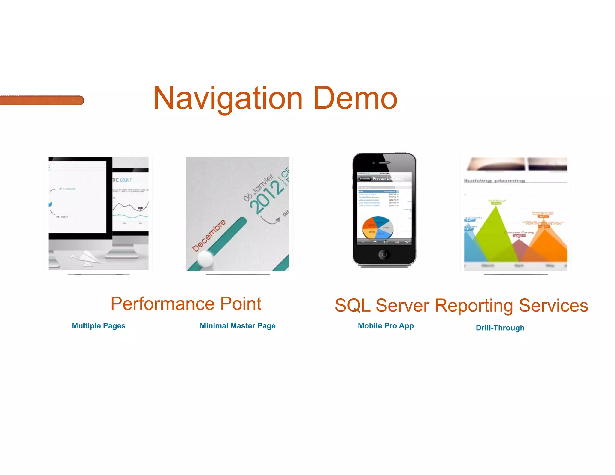 Interactivity Demo




  Performance Point              SQL Server Reporting Services
Filters         Scorecards       1-Click Highlight Filter   Breadcrumbs
            (Data Connections)
 