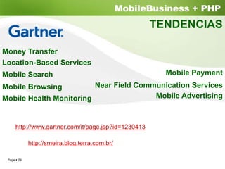 MobileBusiness + PHP
                                                    TENDENCIAS

Money Transfer
Location-Based Services
Mobile Search                                          Mobile Payment
Mobile Browsing          Near Field Communication Services
Mobile Health Monitoring                Mobile Advertising



    http://www.gartner.com/it/page.jsp?id=1230413

           http://smeira.blog.terra.com.br/

 Page 29
 
