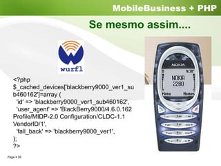 MobileBusiness + PHP
                            Se mesmo assim....



  <?php
  $_cached_devices['blackberry9000_ver1_su
  b460162']=array (
    'id' => 'blackberry9000_ver1_sub460162',
    'user_agent' => 'BlackBerry9000/4.6.0.162
  Profile/MIDP-2.0 Configuration/CLDC-1.1
  VendorID/1',
    'fall_back' => 'blackberry9000_ver1',
  );
  ?>
Page 38
 