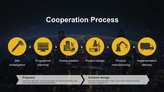 Cooperation Process
Site
investigation
Programme
planning
Scene creation Implementation
delivery
Product
manufacturing
Product design
Analyze the pain points, solve the pain points, and seek the orientation, goal
and strategic direction of project development.
Proposal
Solve the overall positioning, function, layout format, dynamic IP image,
investment estimation, etc.
Scheme design
 