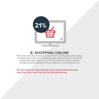 •
8. SHOPPING ONLINE
More than one in five of those surveyed fessed up to shopping online during
a conference call. This isn't so surprising. Most people browse the web while
working. But, again, when you're on the clock and on a call, you should
probably be giving 100 percent of your attention to the conference call.
Pro Tip: Unless it's Cyber Monday, those online deals will be there
when your call is over. Park the cart until after the call.
 