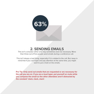 2. SENDING EMAILS
This isn't a shocker either and may sometimes even be necessary. More
than three out of five people send emails during a conference call.
This isn't always a bad thing, especially if it is related to the call. But, keep in
mind that if you can't type and pay attention at the same time, you might
want to put a hold on the emails.
Pro Tip: Only send out emails that are requested or are necessary for
the call you are on. If you are a loud typer, put yourself on mute while
you compose the email so the other attendees aren't distracted by
the constant 'clack, clack, clack'.
 