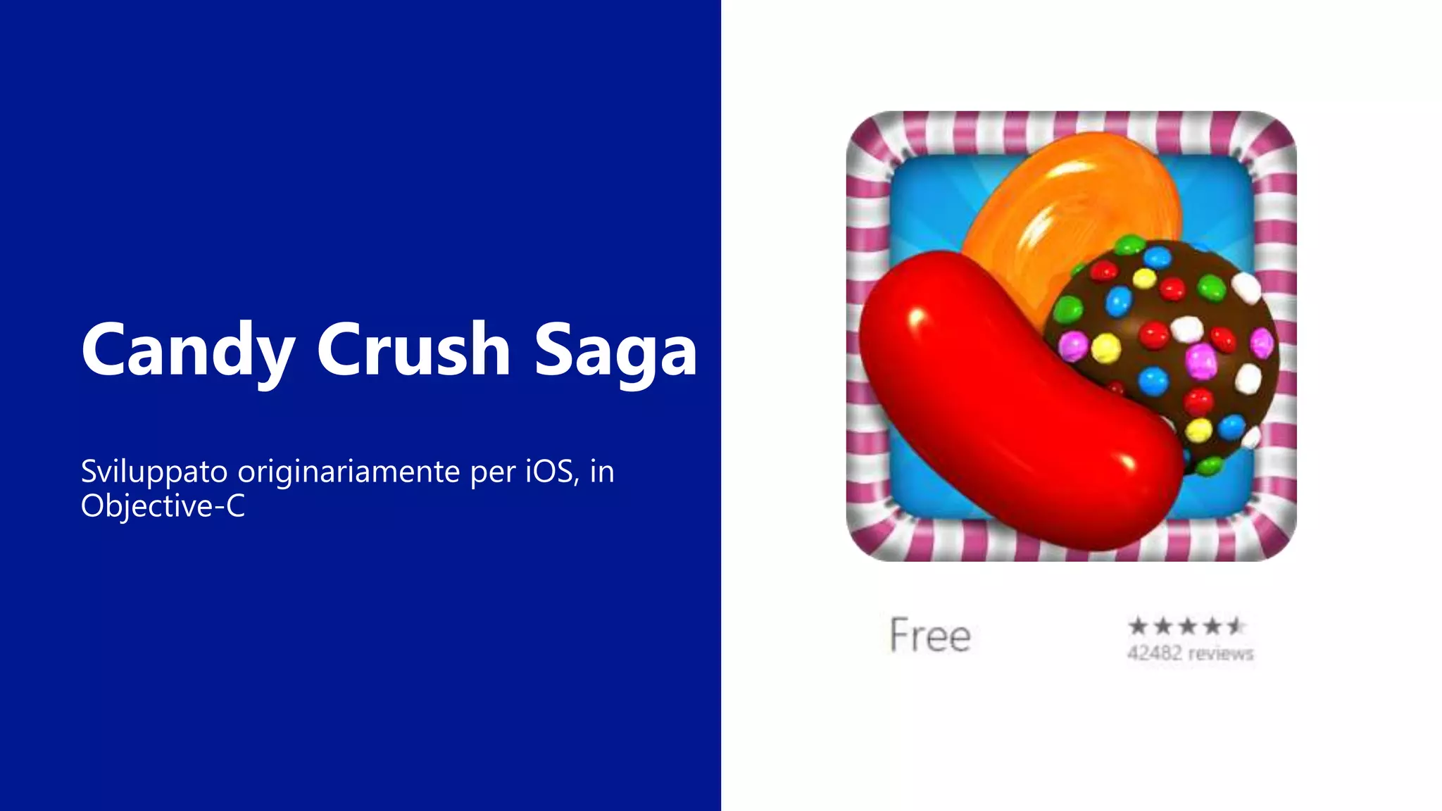 Candy Crush Saga
Sviluppato originariamente per iOS, in
Objective-C
 