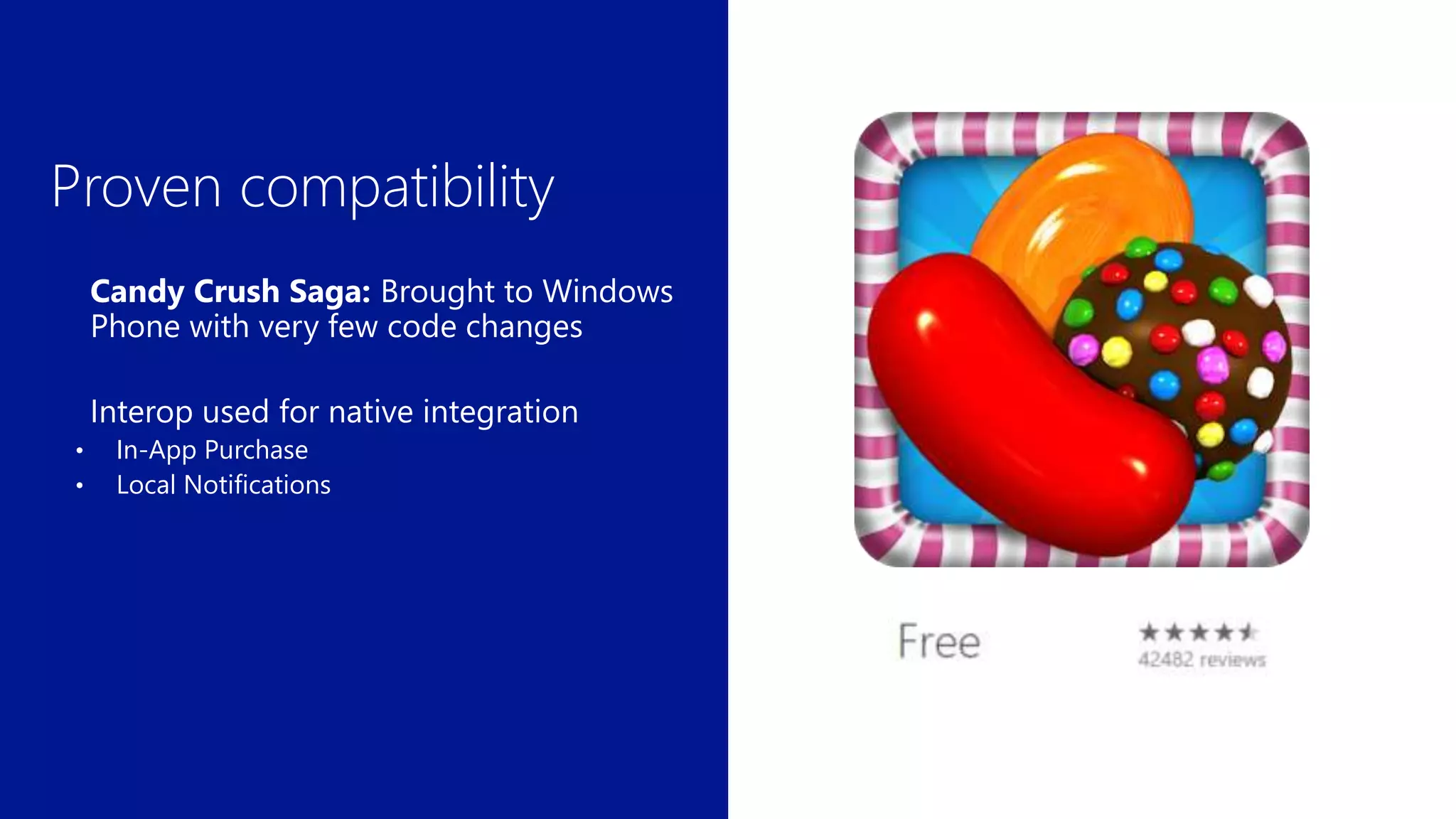 Proven compatibility
Candy Crush Saga: Brought to Windows
Phone with very few code changes
Interop used for native integration
• In-App Purchase
• Local Notifications
 