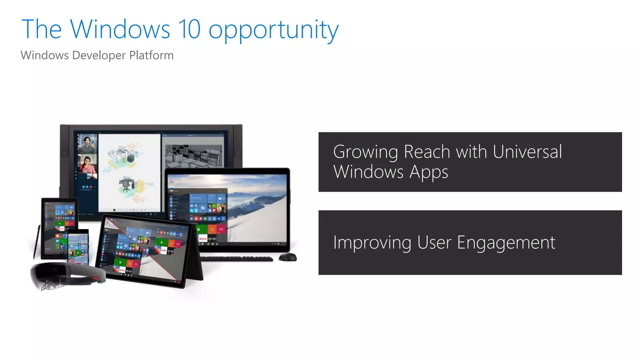 Growing Reach with Universal
Windows Apps
Windows Developer Platform
Improving User Engagement
 