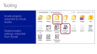 Xcode projects
imported to Visual
Studio
Shared project
settings, imported
from Xcode
 