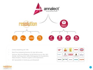 Group Germany GmbH

•

Online Marketing seit 1996

•

Real Time Marketing Solutions für über 80 Kunden

•

Services: Real Time Bidding, Social Performance, SEA, SEO,
Mobile, Ad Production, Data Management & Visualisation,
Web Analytics, Platform Logistics & Ad Operations

•

50+ Spezialisten in Hamburg und Düsseldorf

3

 