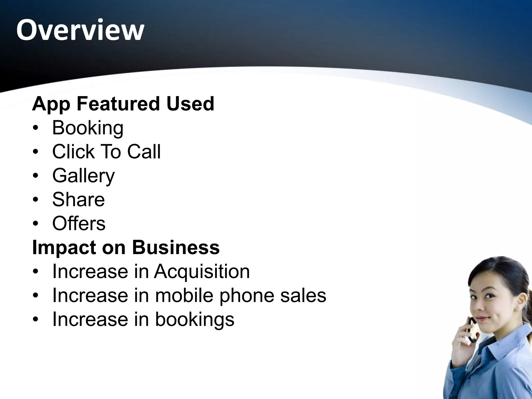 Overview
App Featured Used
• Booking
• Click To Call
• Gallery
• Share
• Offers
Impact on Business
• Increase in Acquisition
• Increase in mobile phone sales
• Increase in bookings