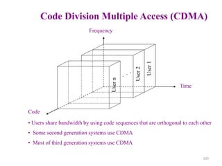 133
Code Division Multiple Access (CDMA)
User
1
Time
Frequency
• Users share bandwidth by using code sequences that are orthogonal to each other
• Some second generation systems use CDMA
• Most of third generation systems use CDMA
User
2
User
n
Code
.
.
.
 