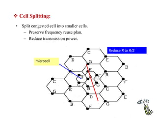  Cell Splitting:
• Split congested cell into smaller cells.
– Preserve frequency reuse plan.
– Reduce transmission power.
microcell
Reduce R to R/2
 