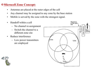 Microcell Zone Concept:
• Antennas are placed at the outer edges of the cell
• Any channel may be assigned to any zone by the base station
• Mobile is served by the zone with the strongest signal.
• Handoff within a cell
– No channel re-assignment
– Switch the channel to a
different zone site
• Reduce interference
– Low power transmitters
are employed
 