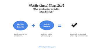 + Mobile
Website =Mobile
Search
Mobile Cheat Sheet 2014
What goes together perfectly –
what does not ?
User browses on his
smartphone …
lands on a mobile
optimized page …
seamless & no download
allows high conversion rate
2015 / by sembassy.com
 