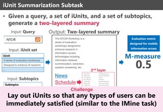 • Given a query, a set of iUnits, and a set of subtopics,
generate a two-layered summary
iUnit Summarization Subtask
12
iUnit
A series of evaluation workshops
Designed to enhance IA research
…
NTCIR
Input: Query
Input: iUnit set
Subtopics
News
Schedule
…
Input: Subtopics
M-measure
0.5
The NTCIR Workshop is a
series of evaluation
workshops designed to
enhance research in
information access
technologies including
information retrieval,
summarization, extraction,
question answering, etc.
News
Schedule
Tasks
2nd layer
20/Jan./2016: Task Registration Due
06/Jan./2016: Document Set Release
Jan.-May/2016: Dry Run
Mar.-July/2016: Formal Run
01/Aug./2016: Evaluation Results Due
01/Aug./2016: Task overview release
15/Sep./2016: Paper submission Due
01/Nov./2016: All paper Due
09-12/Dec./2016: NTCIR-11 Conference
Output: Two-layered summary
Evaluation metric
designed for mobile
information access
Lay out iUnits so that any types of users can be
immediately satisfied (similar to the IMine task)
Challenge
 