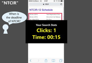 "NTCIR"
8
When is
the deadline
of NTCIR?
Home | NTCIR
The NTCIR Workshop is a series of evaluation
workshops designed to enhance research in
information access technologies including
information retrieval, summarization, extraction,
question answering, etc.
NTCIR-12
Held on June 9(Tue)-12(Fri), 2016
at National Center of Sciences, Tokyo, Japan
NTCIR-12 News
NTCIR-12 Schedule
NTCIR-12 Tasks
NTCIR-12 Schedule
20/Jan./2016: Task Registration Due
06/Jan./2016: Document Set Release
Jan.-May/2016: Dry Run
Mar.-July/2016: Formal Run
01/Aug./2016: Evaluation Results Due
01/Aug./2016: Task overview release
15/Sep./2016: Paper submission Due
01/Nov./2016: All paper Due
09-12/Dec./2016: NTCIR-11 Conference
Your Search Stats
Clicks: 1
Time: 00:15
 