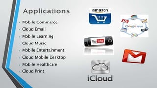 ⦁ Mobile Commerce
⦁ Cloud Email
⦁ Mobile Learning
⦁ Cloud Music
⦁ Mobile Entertainment
⦁ Cloud Mobile Desktop
⦁ Mobile Healthcare
⦁ Cloud Print
 