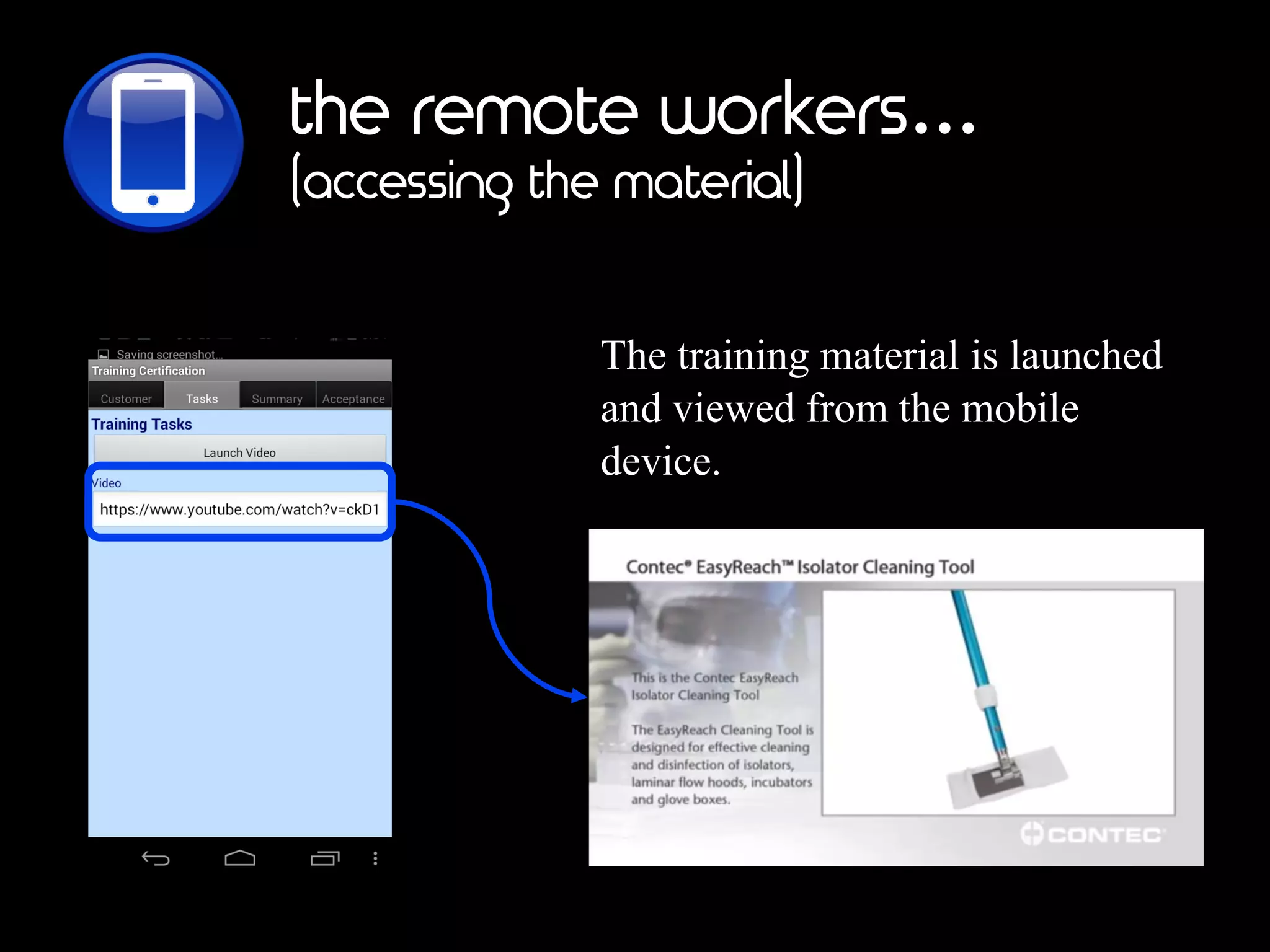 the remote workers…
(accessing the material)
The training material is launched
and viewed from the mobile
device.
 