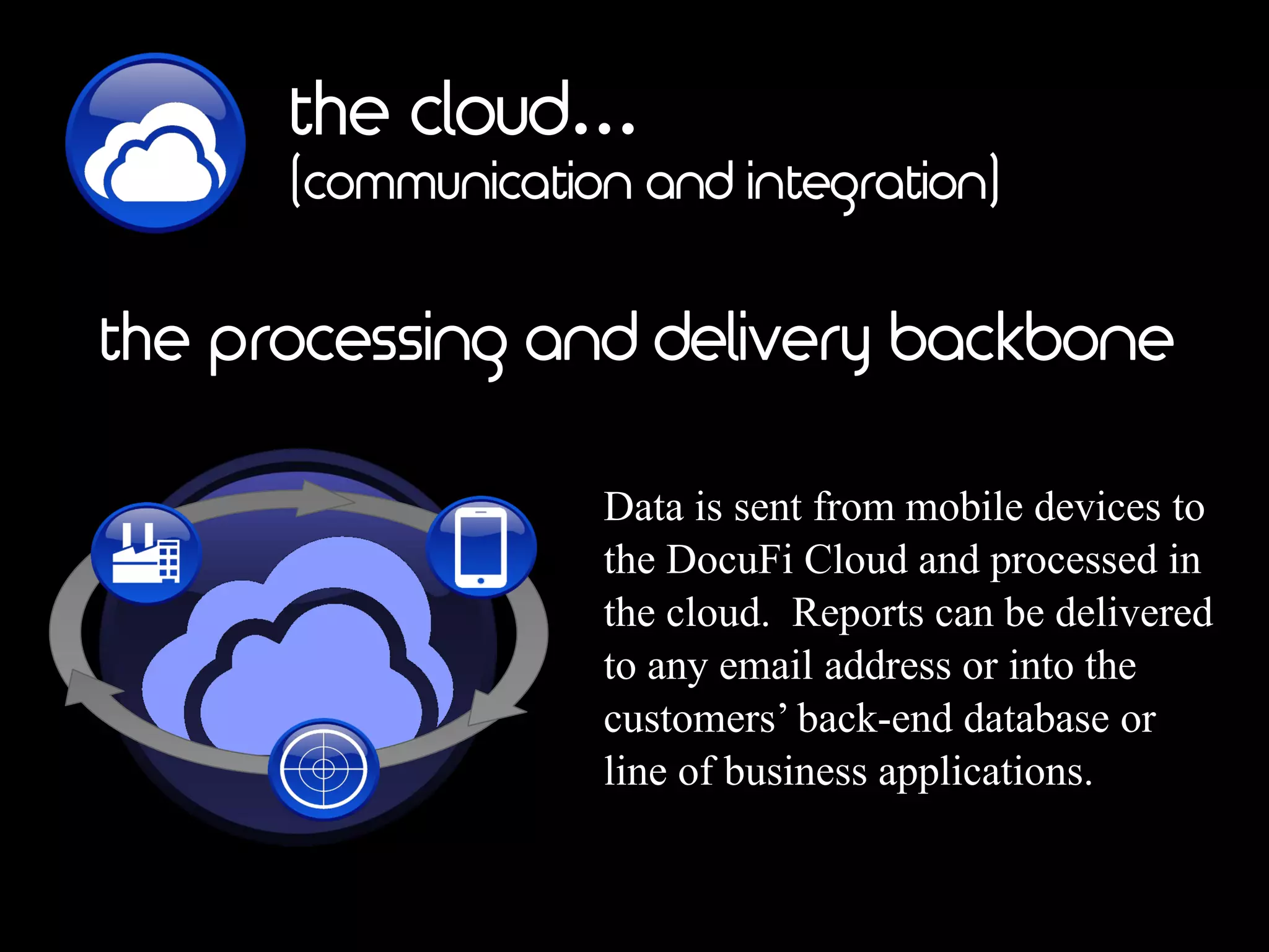 the cloud…
(communication and integration)
Data is sent from mobile devices to
the DocuFi Cloud and processed in
the cloud. Reports can be delivered
to any email address or into the
customers’back-end database or
line of business applications.
the processing and delivery backbone
 