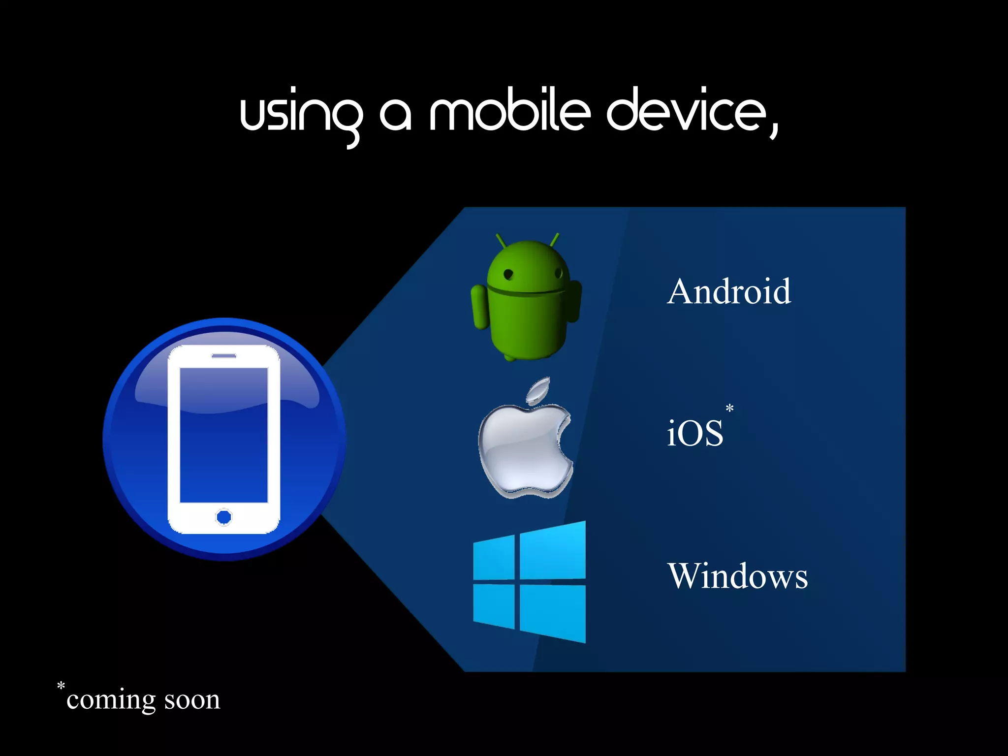 using a mobile device,
Windows
Android
iOS*
*coming soon
 