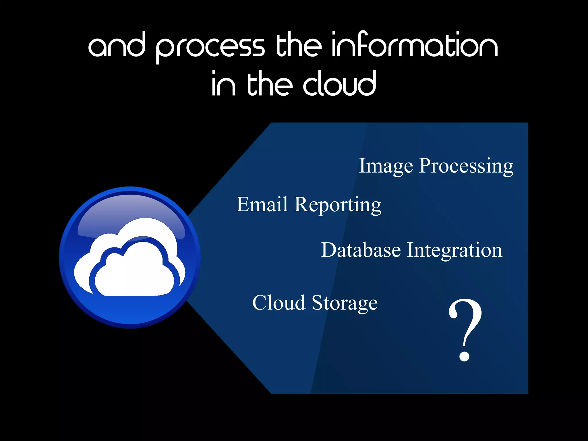 and process the information
in the cloud
Cloud Storage
Database Integration
Image Processing
Email Reporting
?
 