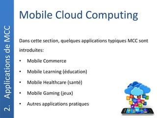 Mobile Cloud Computing
2.
Applications
de
MCC
Dans cette section, quelques applications typiques MCC sont
introduites:
• Mobile Commerce
• Mobile Learning (éducation)
• Mobile Healthcare (santé)
• Mobile Gaming (jeux)
• Autres applications pratiques
 