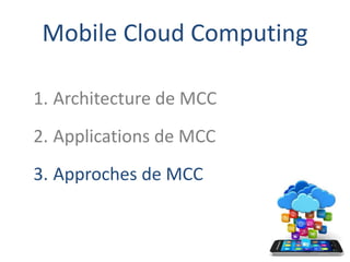 Mobile Cloud Computing
1. Architecture de MCC
2. Applications de MCC
3. Approches de MCC
 