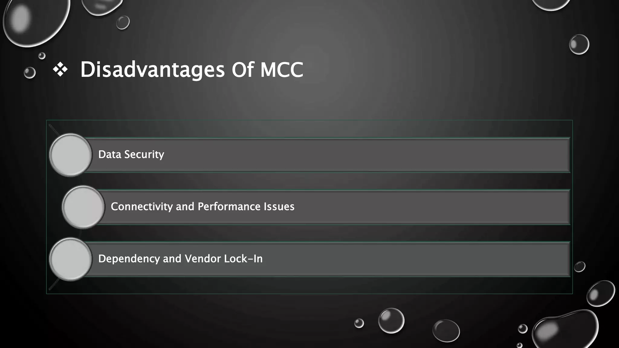  Disadvantages Of MCC
Data Security
Connectivity and Performance Issues
Dependency and Vendor Lock-In
 